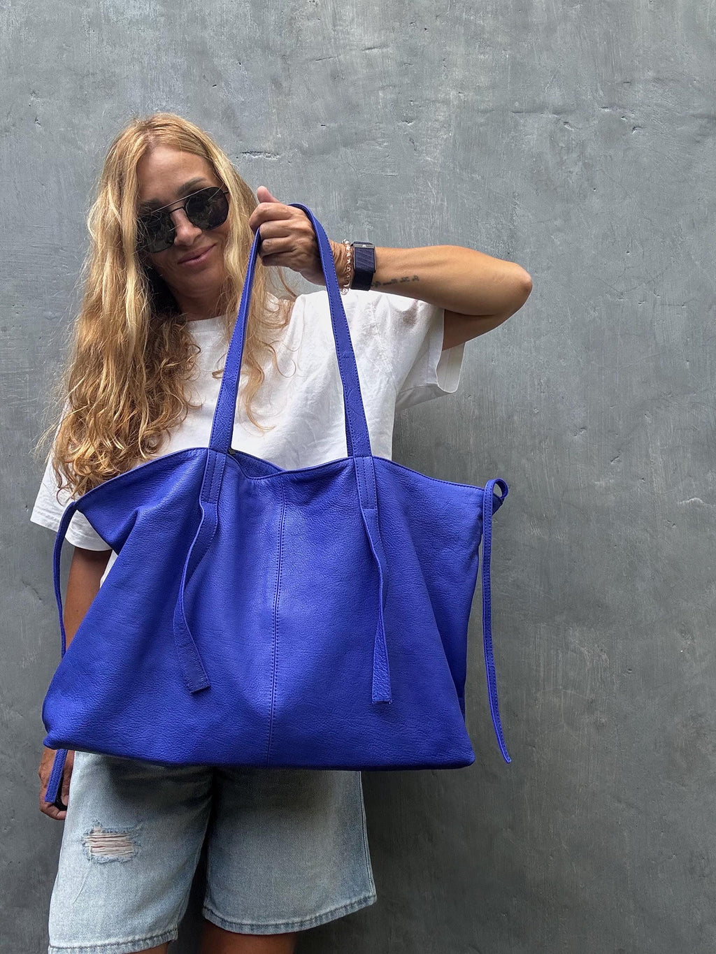Genuine leather blue ultramarine oversize tote shopper t big bag / everyday purse / handmade bags / designer bags / summer bag /