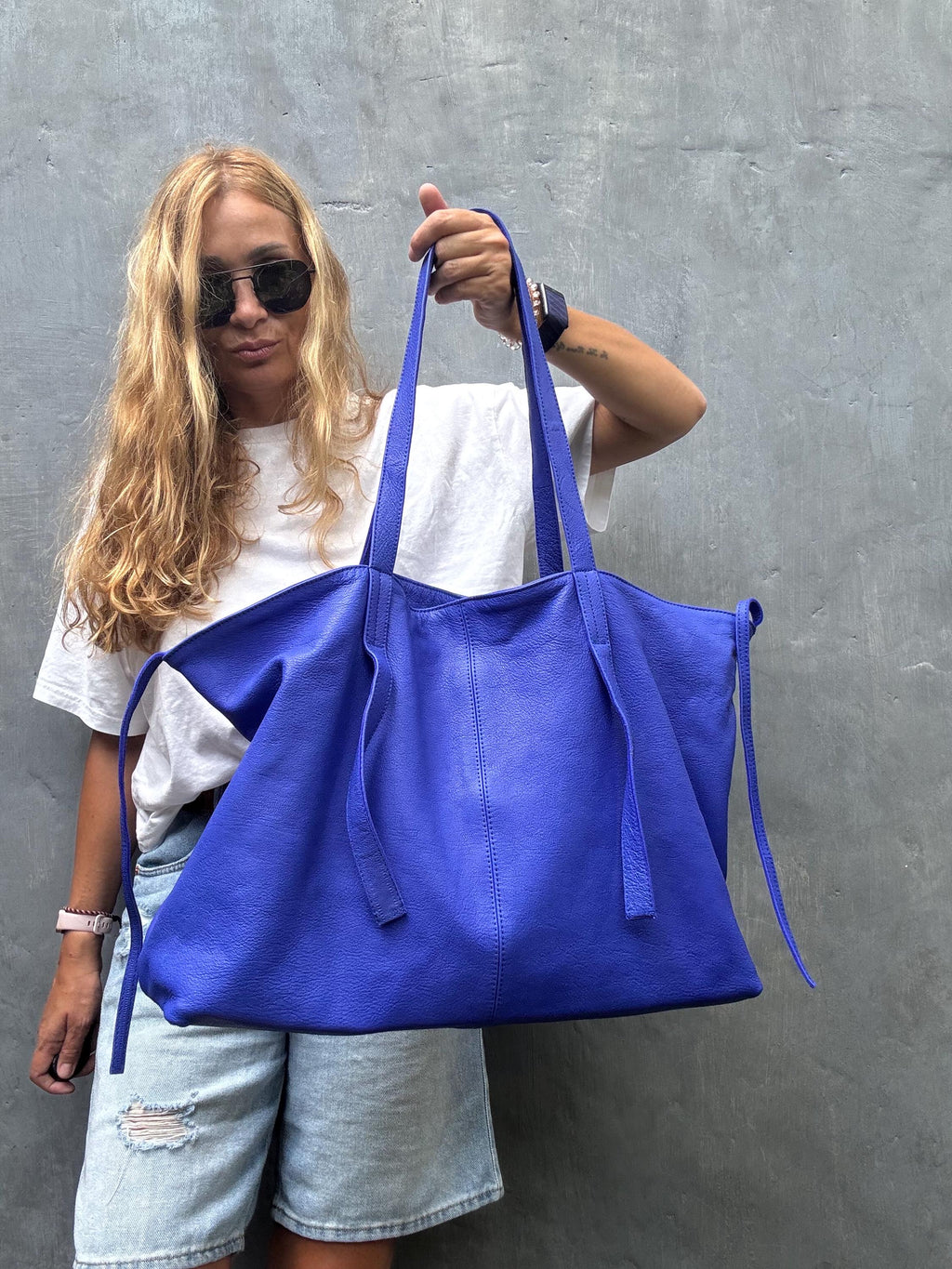 Genuine leather blue ultramarine oversize tote shopper t big bag / everyday purse / handmade bags / designer bags / summer bag /