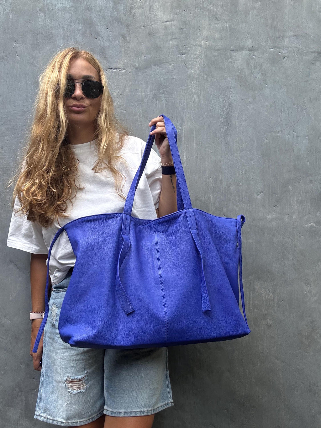 Genuine leather blue ultramarine oversize tote shopper t big bag / everyday purse / handmade bags / designer bags / summer bag /