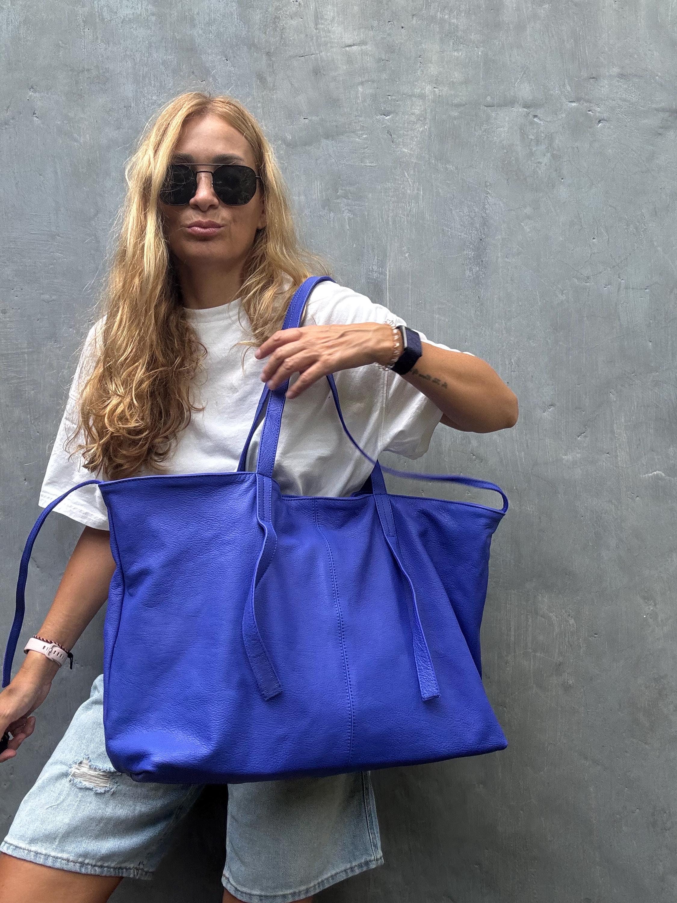 Genuine leather blue ultramarine oversize tote shopper t big bag / everyday purse / handmade bags / designer bags / summer bag /
