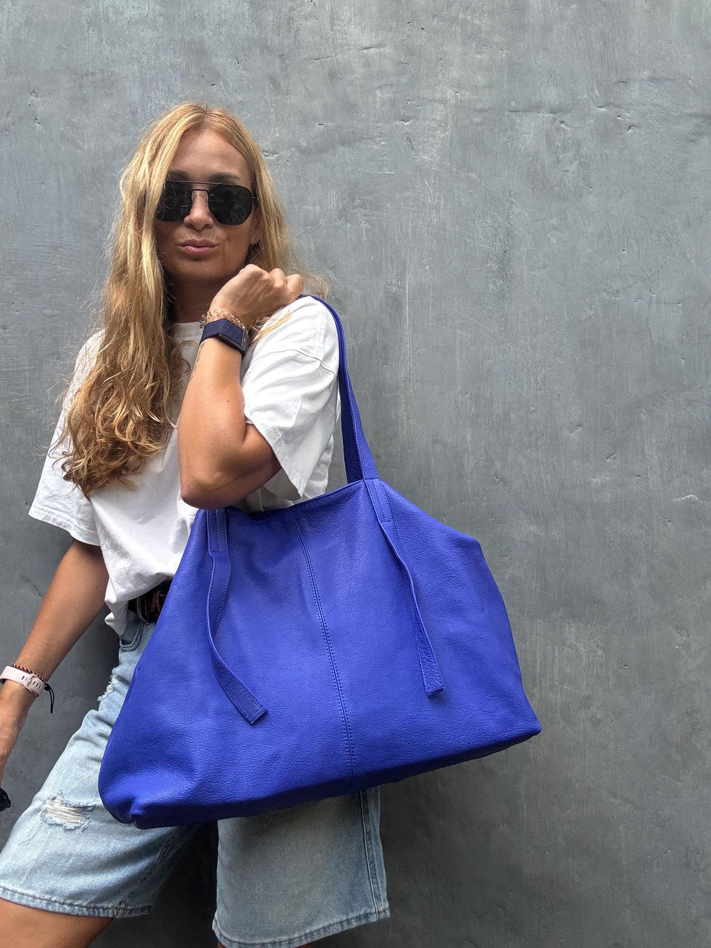 Genuine leather blue ultramarine oversize tote shopper t big bag / everyday purse / handmade bags / designer bags / summer bag /