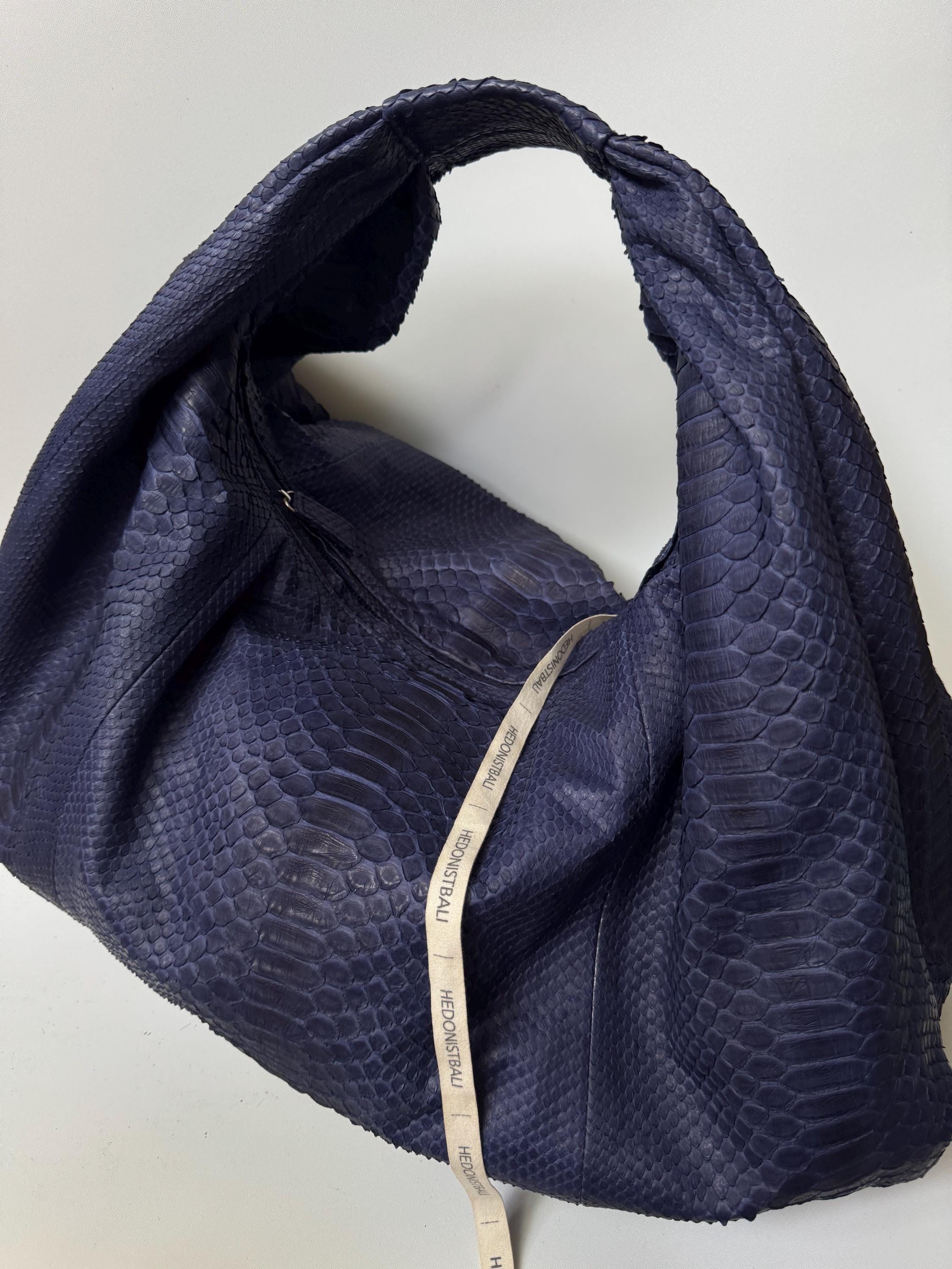 Big Soft Hobo Classy Sport Woman Bag | Purse Genuine Python Skin | Python Skin Products | Blue Big Elegant Leather Designer Soft Bag Snake