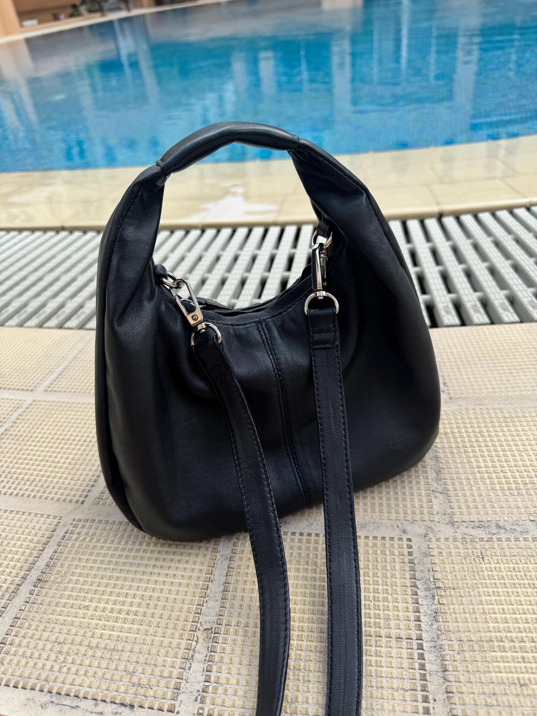 Mini Soft Hobo Classy Sport Woman Bag | Purse Genuine Lamb Skin | Hansmade bags | Black Elegant Leather Designer Soft Bag