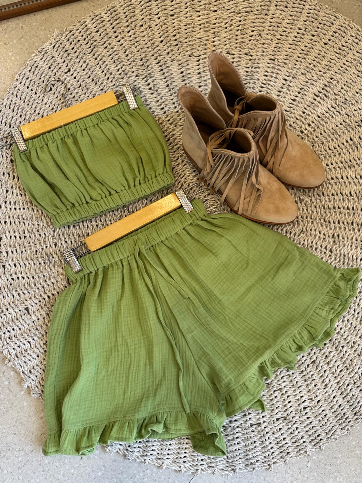 KHANA Muslin Set –Double Layer Cotton Bandeau Top and Ruffle Shorts | Handmade Resort Wear