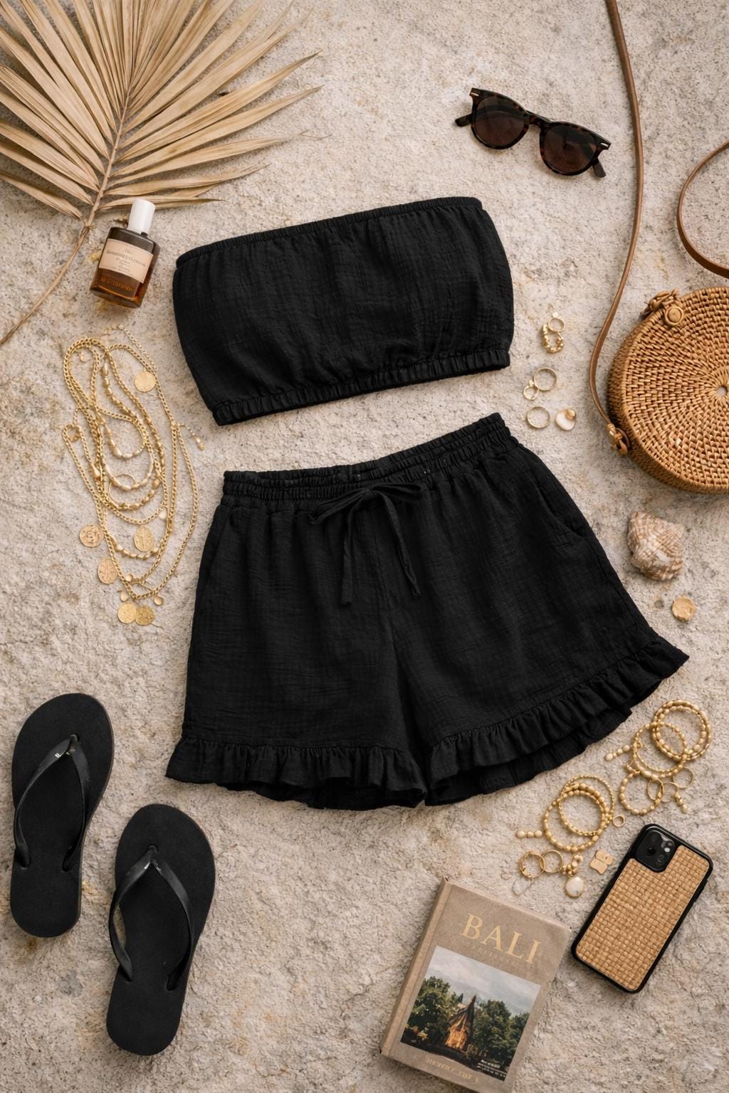 KHANA Muslin Set –Double Layer Cotton Bandeau Top and Ruffle Shorts — Red