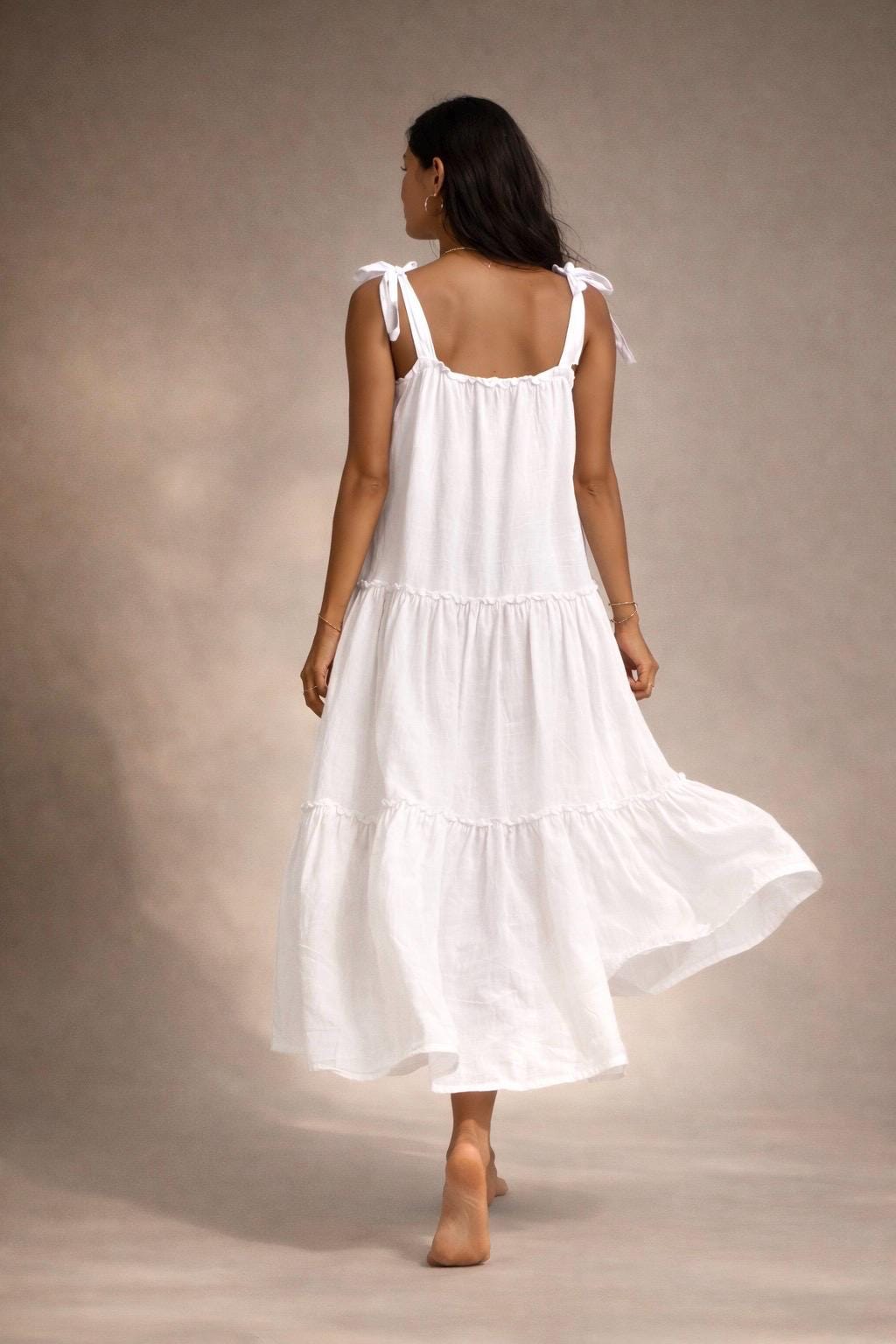 SIERRA Linen Dress Adjustable Strap Linen Dress,  Midi Dress, Minimalist Summer Dress, Bali Linen Dress — White