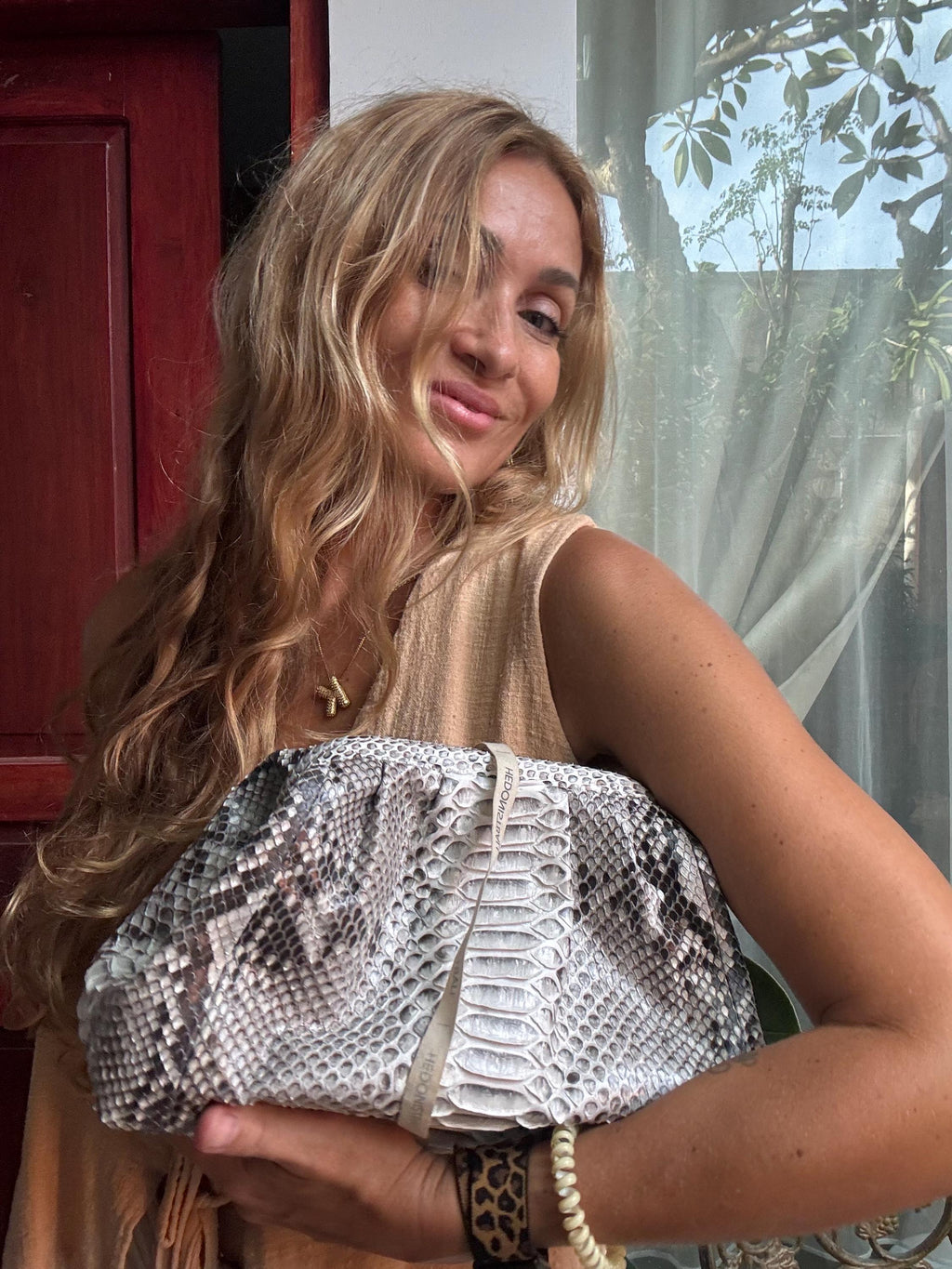 Genuine Python Skin Pouch Bag — Grey Natural