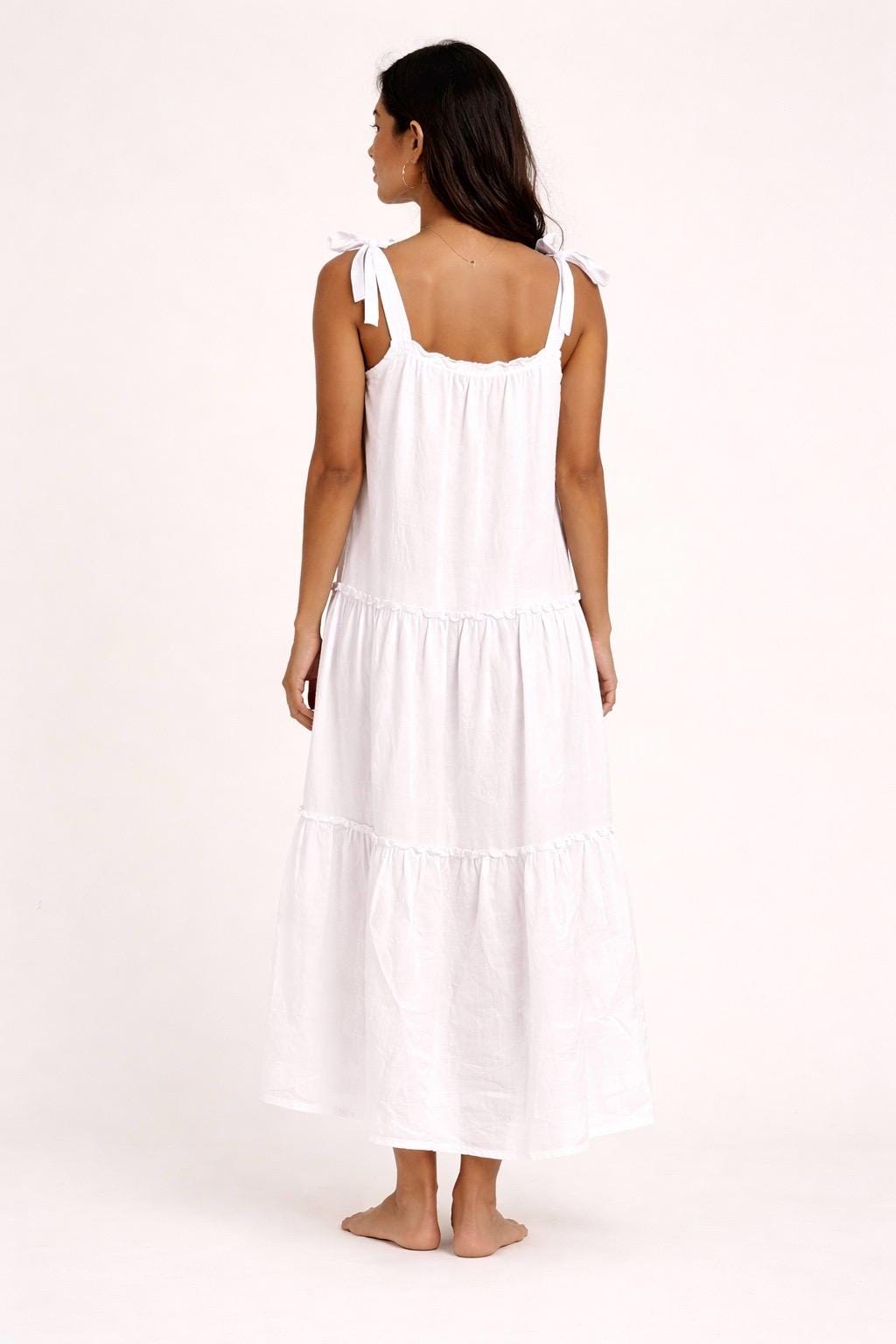 SIERRA Linen Dress Adjustable Strap Linen Dress,  Midi Dress, Minimalist Summer Dress, Bali Linen Dress — White