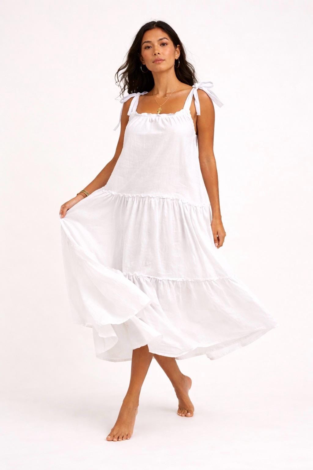 SIERRA Linen Dress Adjustable Strap Linen Dress,  Midi Dress, Minimalist Summer Dress, Bali Linen Dress — White