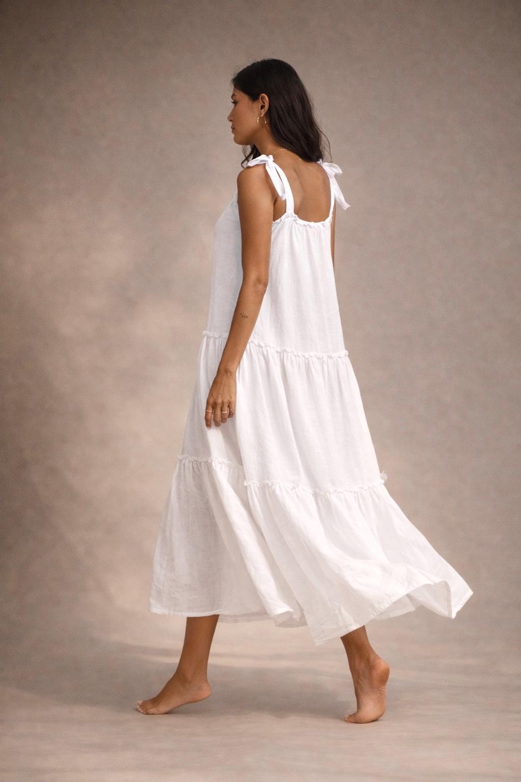 SIERRA Linen Dress Adjustable Strap Linen Dress,  Midi Dress, Minimalist Summer Dress, Bali Linen Dress — White