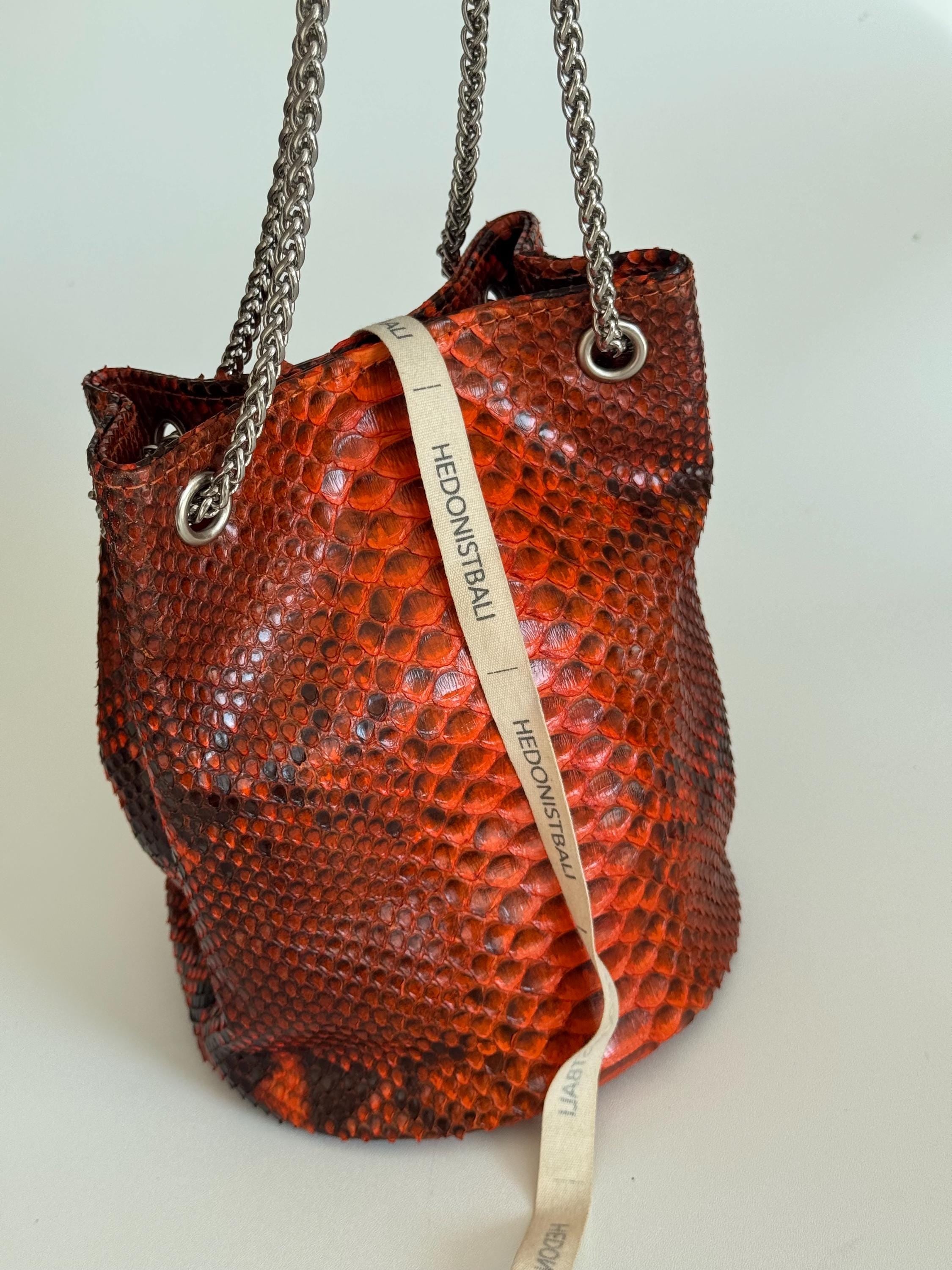 Genuine Python Skin Bucket Bag — Orange