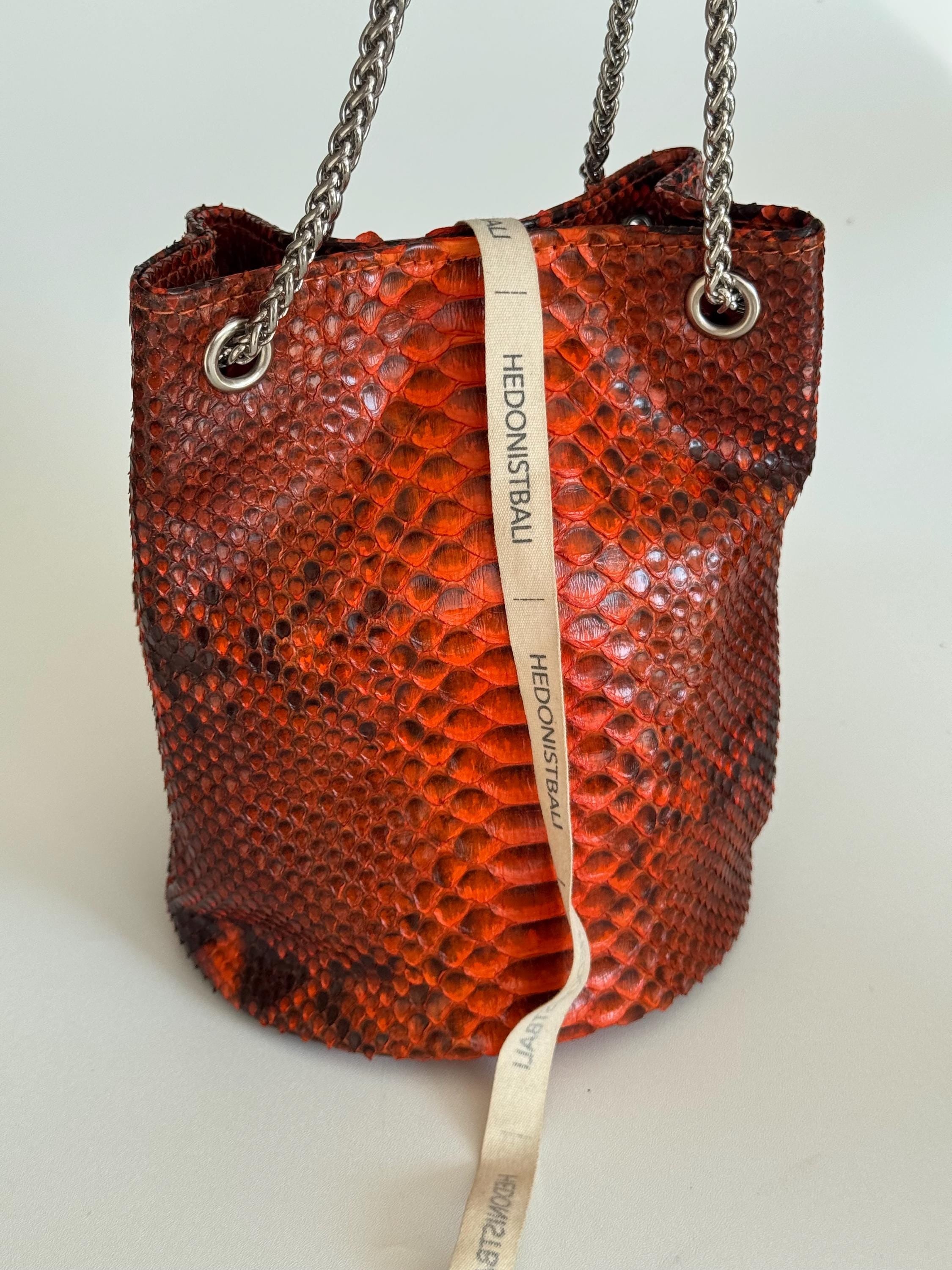 Genuine Python Skin Bucket Bag — Orange