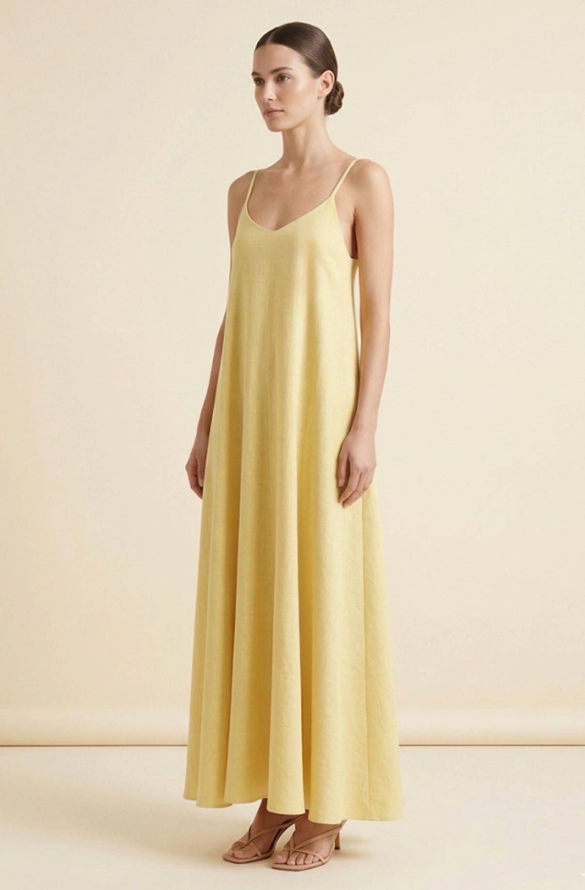 Butter Yellow Linen Maxi Dress, Backless Linen Dress, Loose Fit Summer Dress, Beach to Dinner Dress, Open Back Vacation Dress