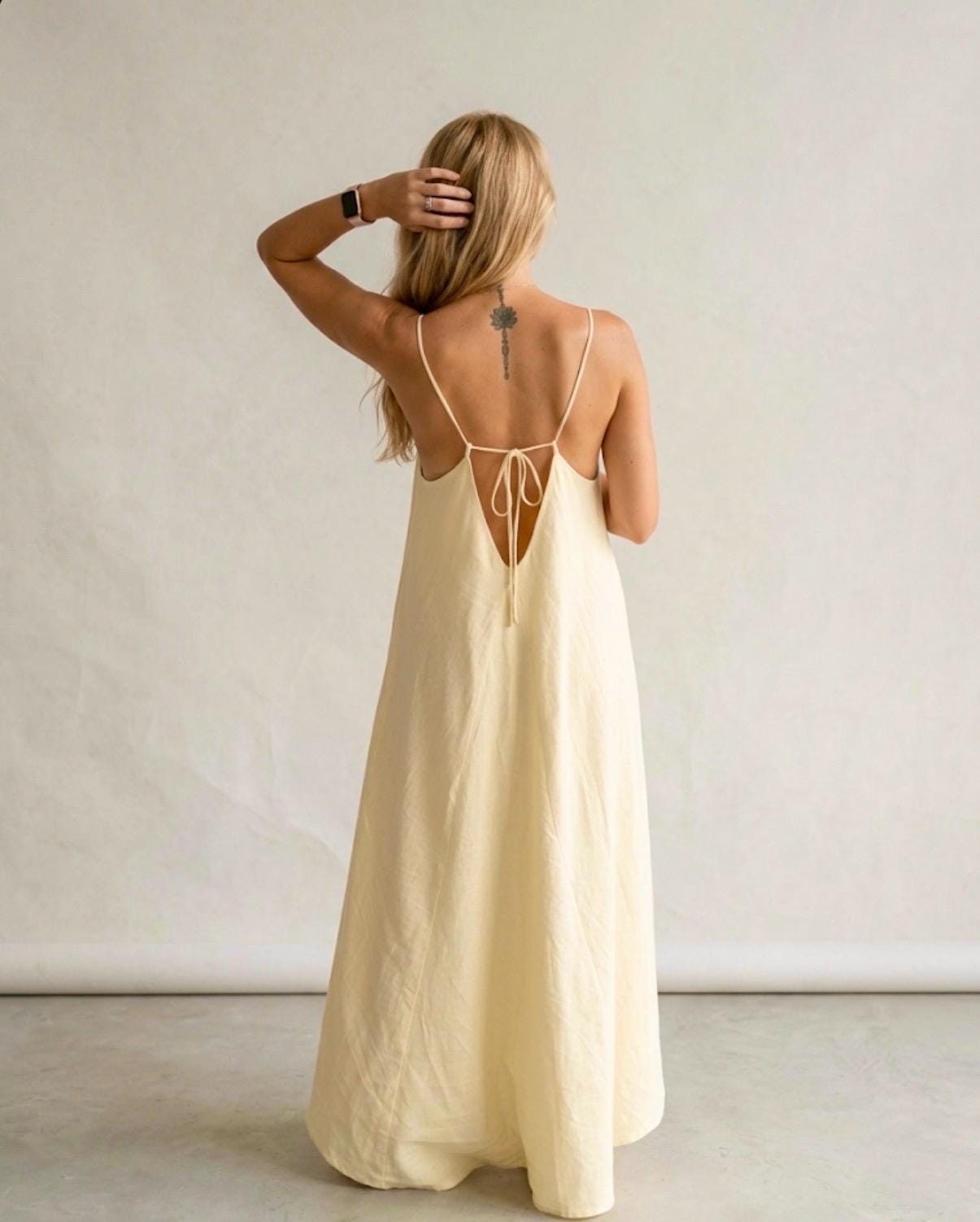 Butter Yellow Linen Maxi Dress, Backless Linen Dress, Loose Fit Summer Dress, Beach to Dinner Dress, Open Back Vacation Dress — White
