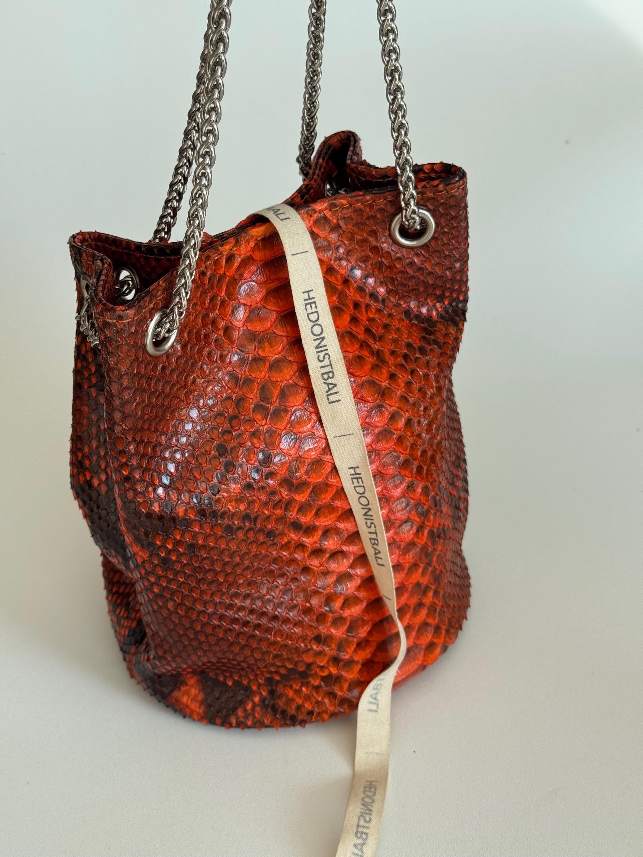 Genuine Python Skin Bucket Bag — Orange