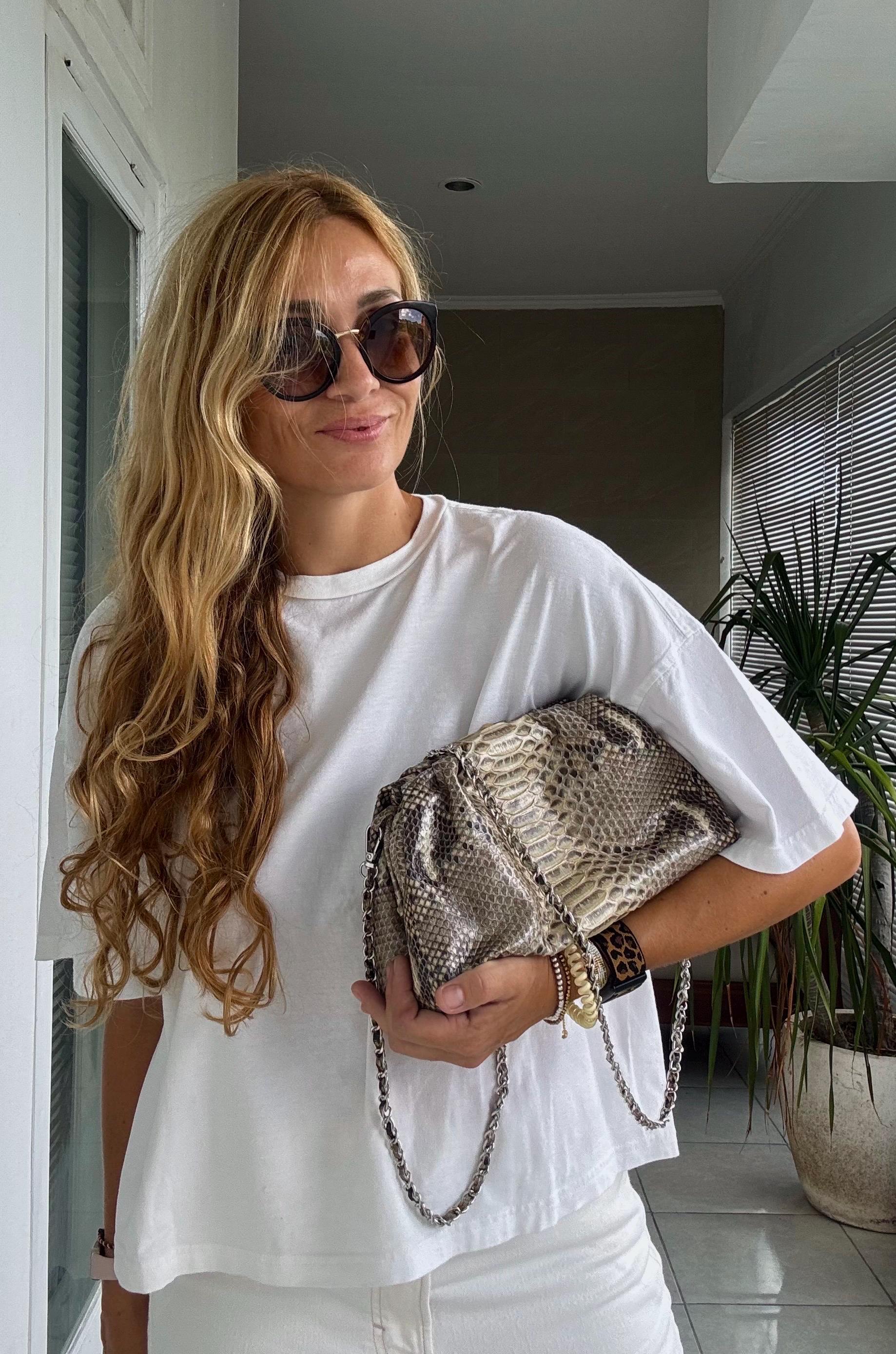 Genuine Python Skin Pouch Bag — Cream