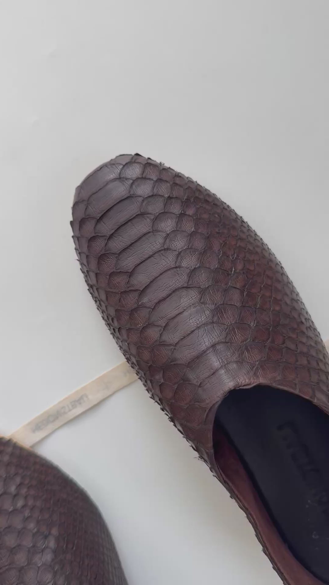 Video of handmade brown genuine python skin ballet flats by HEDONISTBALI, made to order in Bali