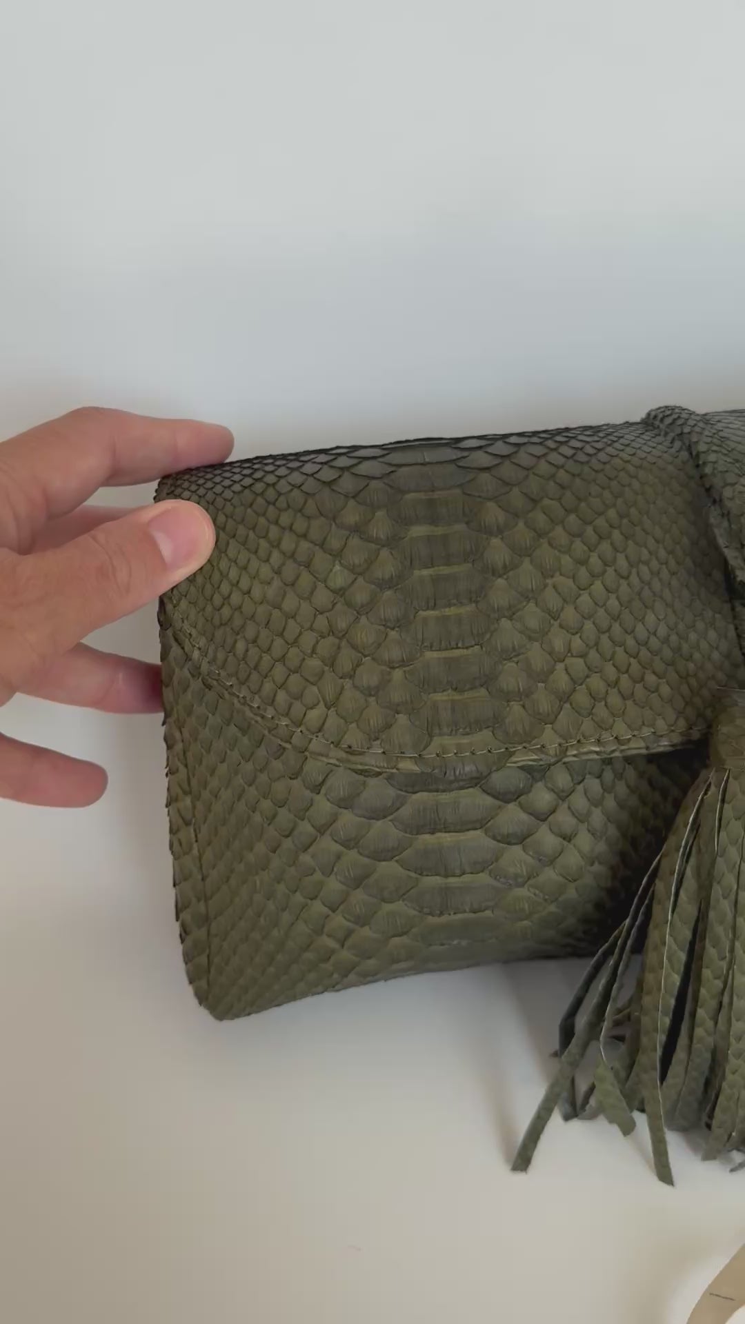 Genuine Python Skin Tassel Clutch Khaki
